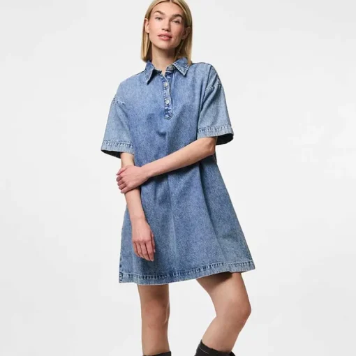 Pieces PCKenya SS A-Shape Denim Dress Noos Medium Blue