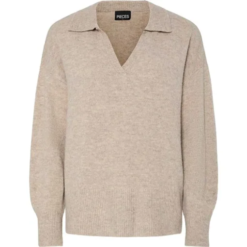 Pieces PcMalou LS Polo Knit Noos Taupe Gray Melange