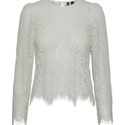 PIECES PCNELLA LS LACE TOP D2D OFF WHITE
