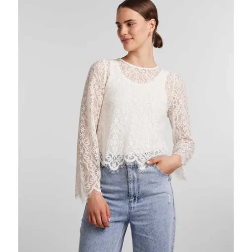 PIECES PCNELLA LS LACE TOP D2D OFF WHITE