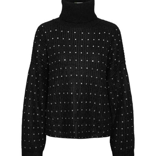 Pieces PCRayney LS Turtleneck Knit Black Rhinestones